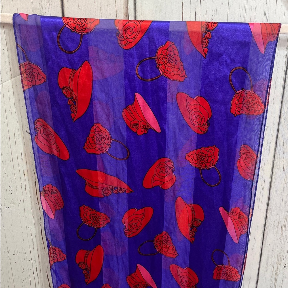 Red Hat Society Vibrant Blue and Red Floral Hats Scarf 60 x 13"